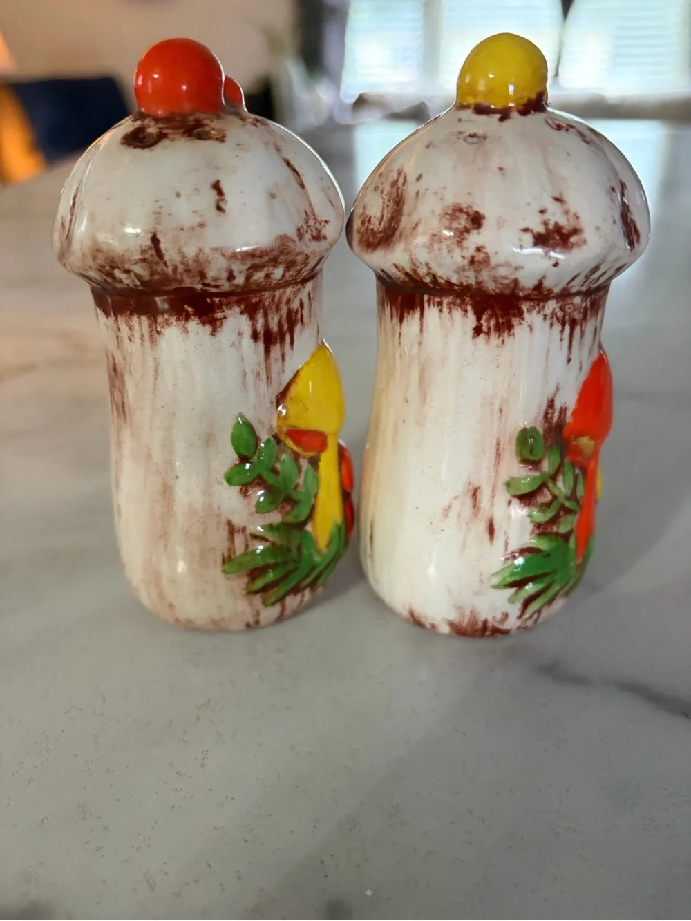 Vintage Sears Merry Mushroom Salt & Pepper Shakers - Yellow, Red, Green Accents
